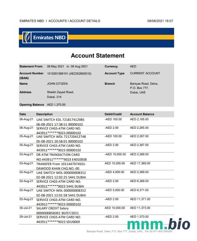 ZEA Dubai Emirates NBD Bank dowód adresu szablon wyciągu w formacie Word i PDF